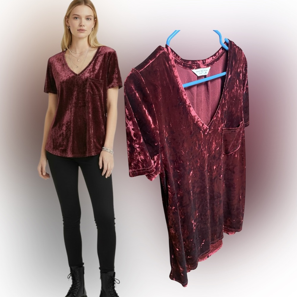 90s Grunge Burgundy Crushed Velvet Pocket Tee High Low Tunic Red Wine Medium